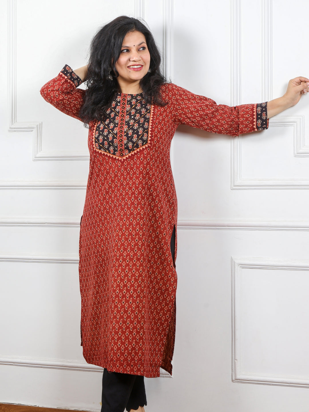 Ghoomer Cherry Red Mirror  Neck Kutch Embroidery Ajrak Print Cotton Kurti-D7
