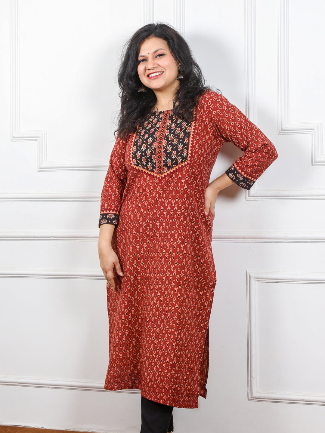 Ghoomer Cherry Red Mirror  Neck Kutch Embroidery Ajrak Print Cotton Kurti-D7