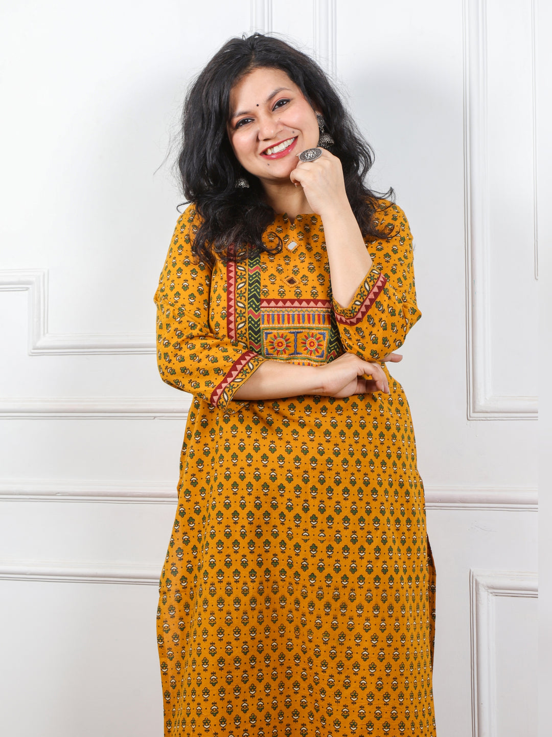 Ghoomar Dandelion Yellow Kutch Mirror Neck Work Ajrak Print Cotton Kurti-D2