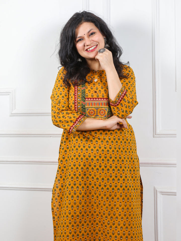 Ghoomar Dandelion Yellow Kutch Mirror Neck Work Ajrak Print Cotton Kurti-D2