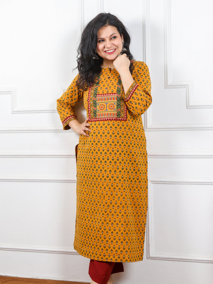 Ghoomar Dandelion Yellow Kutch Mirror Neck Work Ajrak Print Cotton Kurti-D2