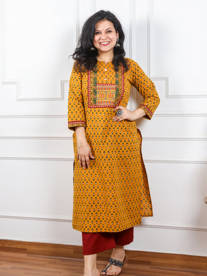 Ghoomar Dandelion Yellow Kutch Mirror Neck Work Ajrak Print Cotton Kurti-D2