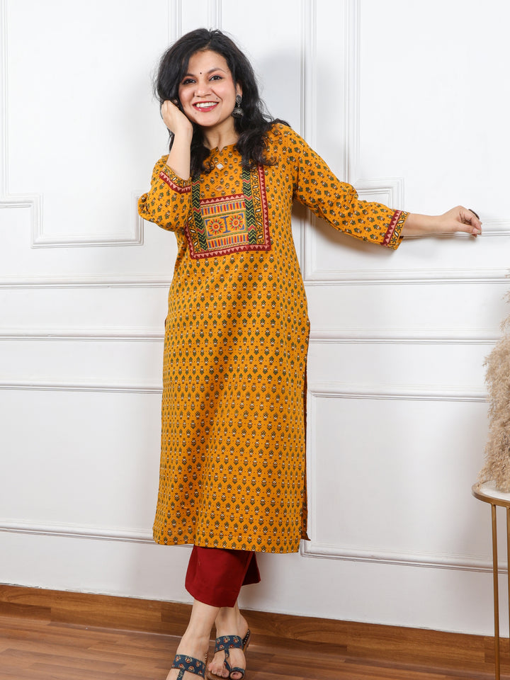 Ghoomar Dandelion Yellow Kutch Mirror Neck Work Ajrak Print Cotton Kurti-D2