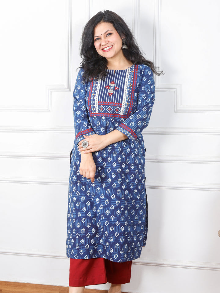 Chaahat Indigo Blue Kutch Mirror Neck Work Ajrak Print Cotton Kurti-D2