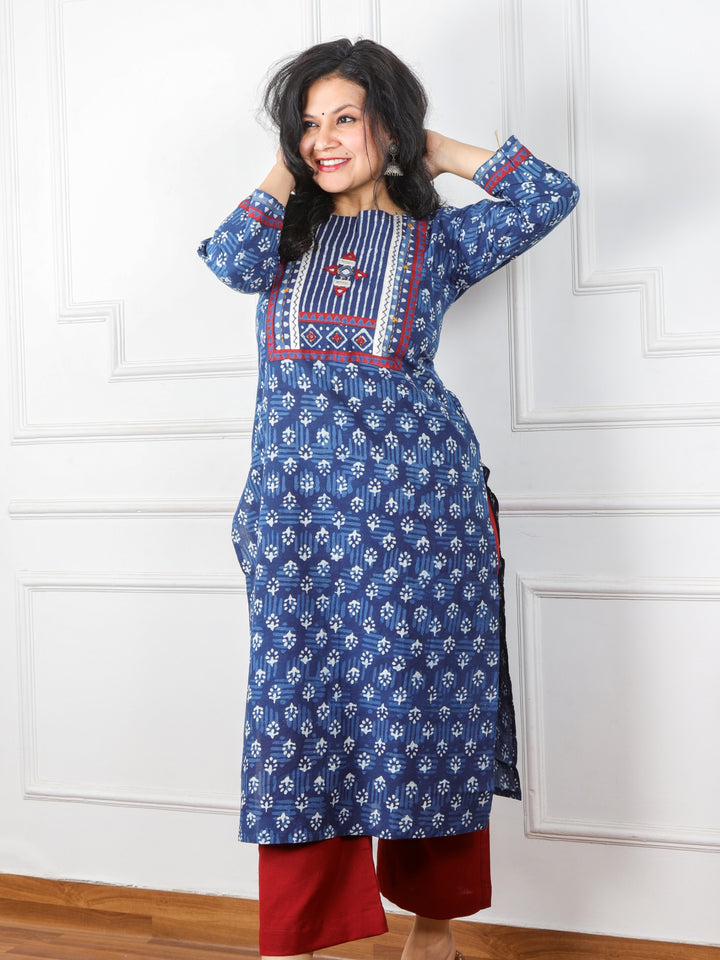 Chaahat Indigo Blue Kutch Mirror Neck Work Ajrak Print Cotton Kurti-D2