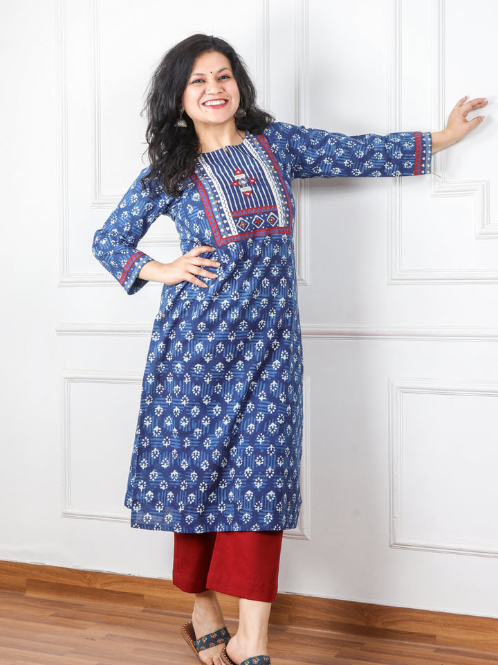 Chaahat Indigo Blue Kutch Mirror Neck Work Ajrak Print Cotton Kurti-D2