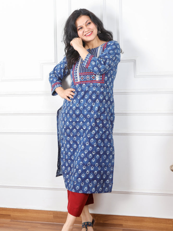 Chaahat Indigo Blue Kutch Mirror Neck Work Ajrak Print Cotton Kurti-D2