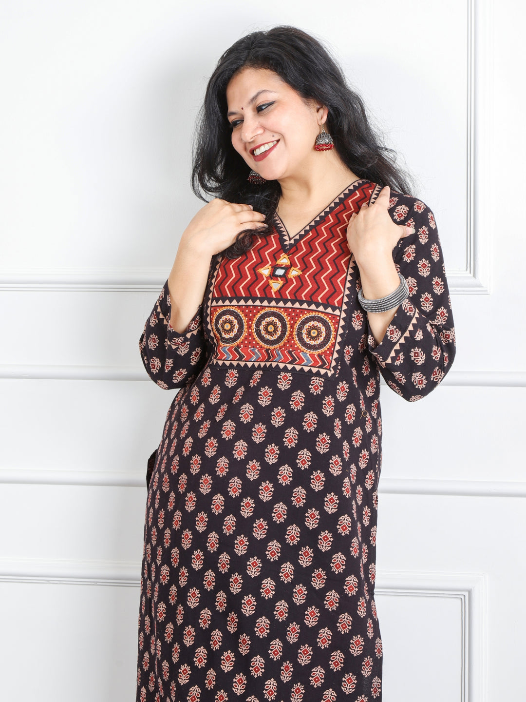 Ghoomer Ebony Black Mirror V Neck Kutch Embroidery Ajrak Print Cotton Kurti-D8