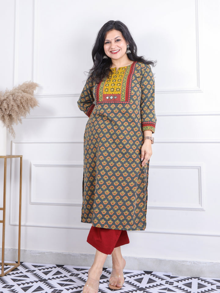 Ghoomer Dark Green Mirror Neck Running Stitch Ajrak Print Cotton Kurti-D9
