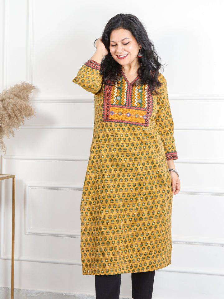 Ruhani Yellow Mirror V Neck Kutch Embroidery Ajrak Print Cotton Kurti-D3