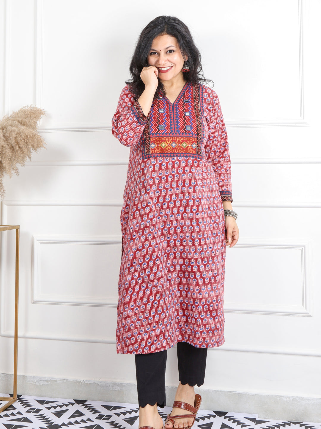 Ruhani Red Mirror V Neck Kutch Embroidery Ajrak Print Cotton Kurti-D3