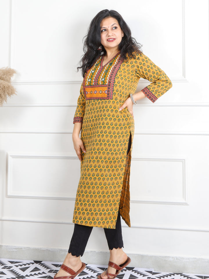 Ruhani Yellow Mirror V Neck Kutch Embroidery Ajrak Print Cotton Kurti-D3