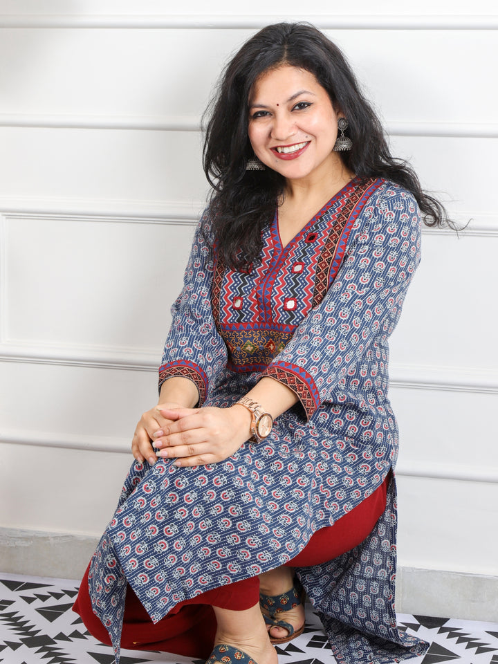 Ruhani Blue Mirror V Neck Kutch Embroidery Ajrak Print Cotton Kurti-D3