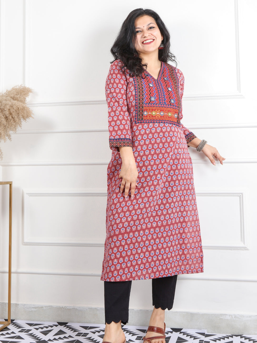 Ruhani Red Mirror V Neck Kutch Embroidery Ajrak Print Cotton Kurti-D3