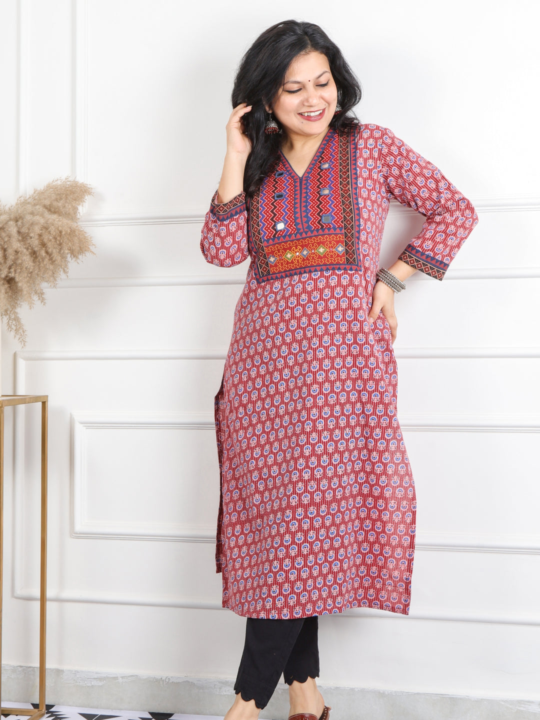 Ruhani Red Mirror V Neck Kutch Embroidery Ajrak Print Cotton Kurti-D3