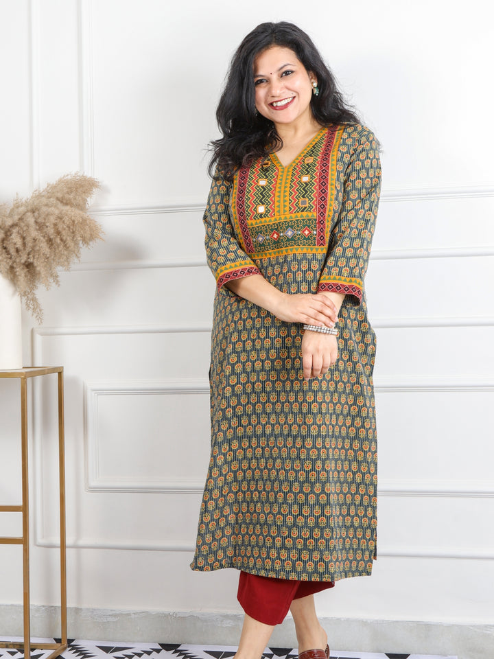 Ruhani Green Mirror V Neck Kutch Embroidery Ajrak Print Cotton Kurti-D3