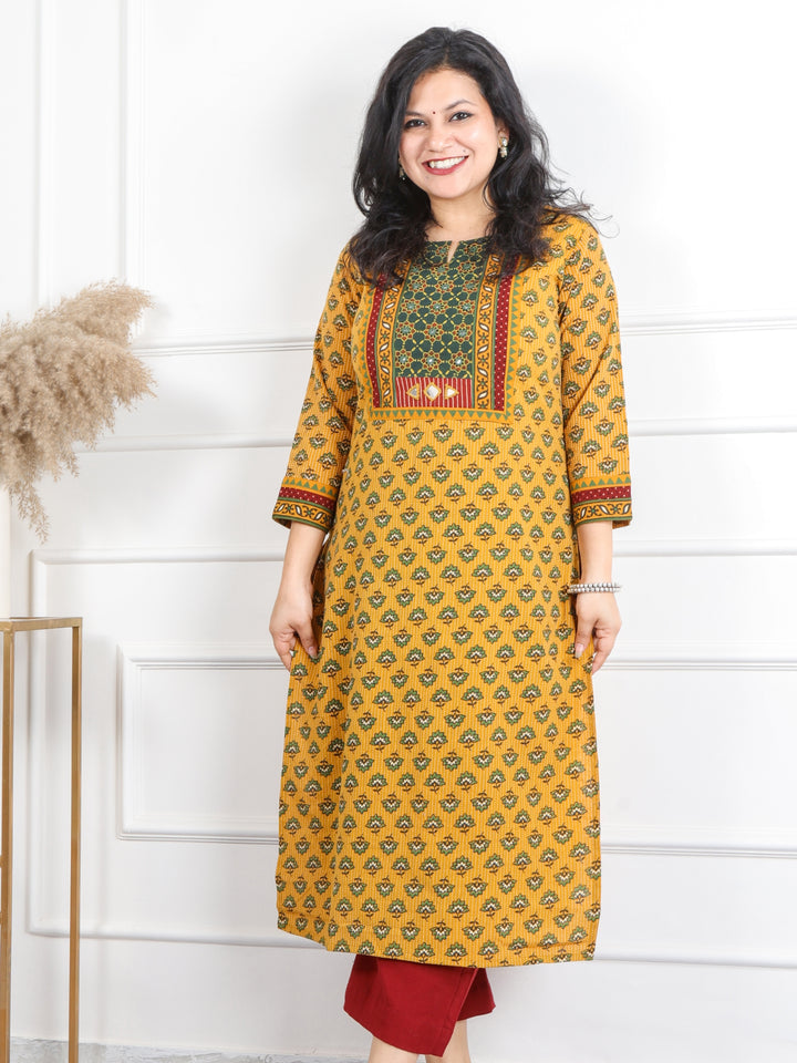 Ghoomar Dandelion Yellow Mirror Neck Running Stitch Ajrak Print Cotton Kurti-D3