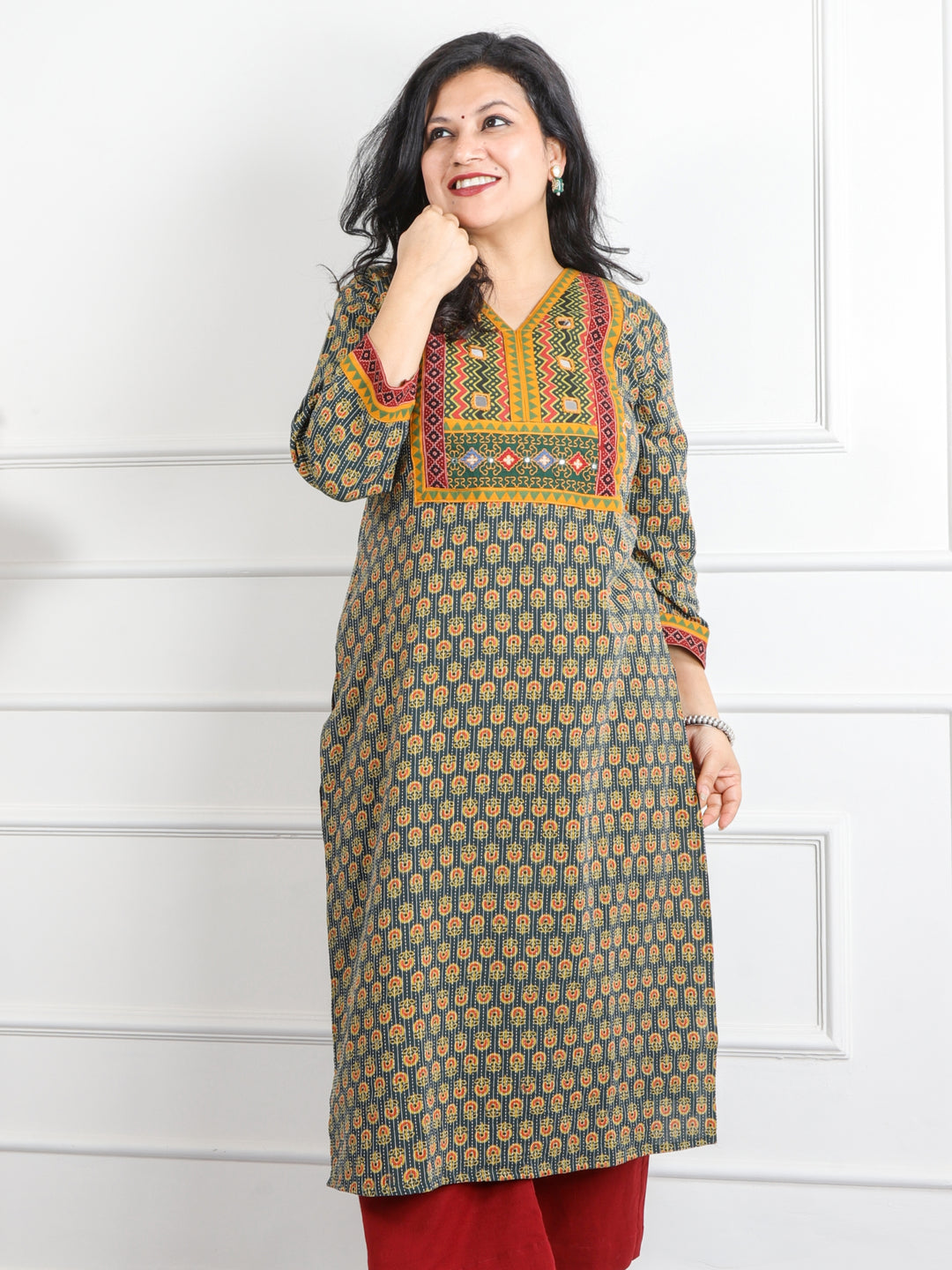 Ruhani Green Mirror V Neck Kutch Embroidery Ajrak Print Cotton Kurti-D3