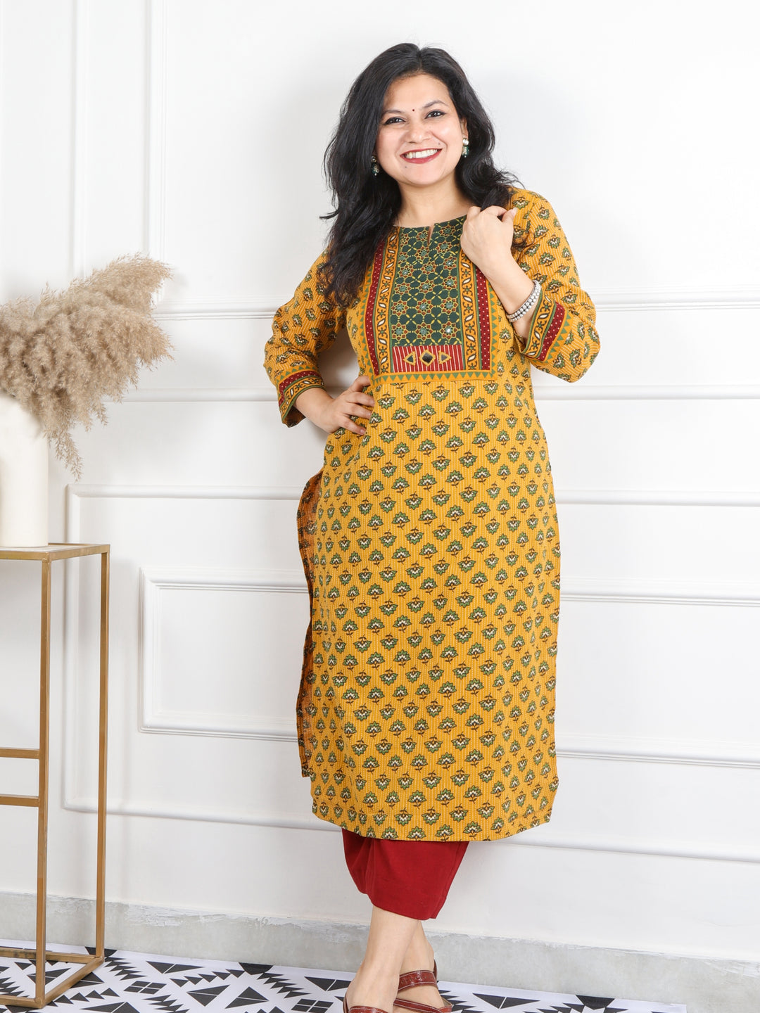 Ghoomar Dandelion Yellow Mirror Neck Running Stitch Ajrak Print Cotton Kurti-D3
