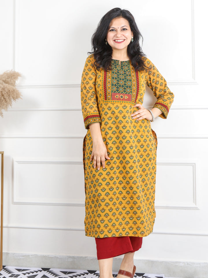 Ghoomar Dandelion Yellow Mirror Neck Running Stitch Ajrak Print Cotton Kurti-D3