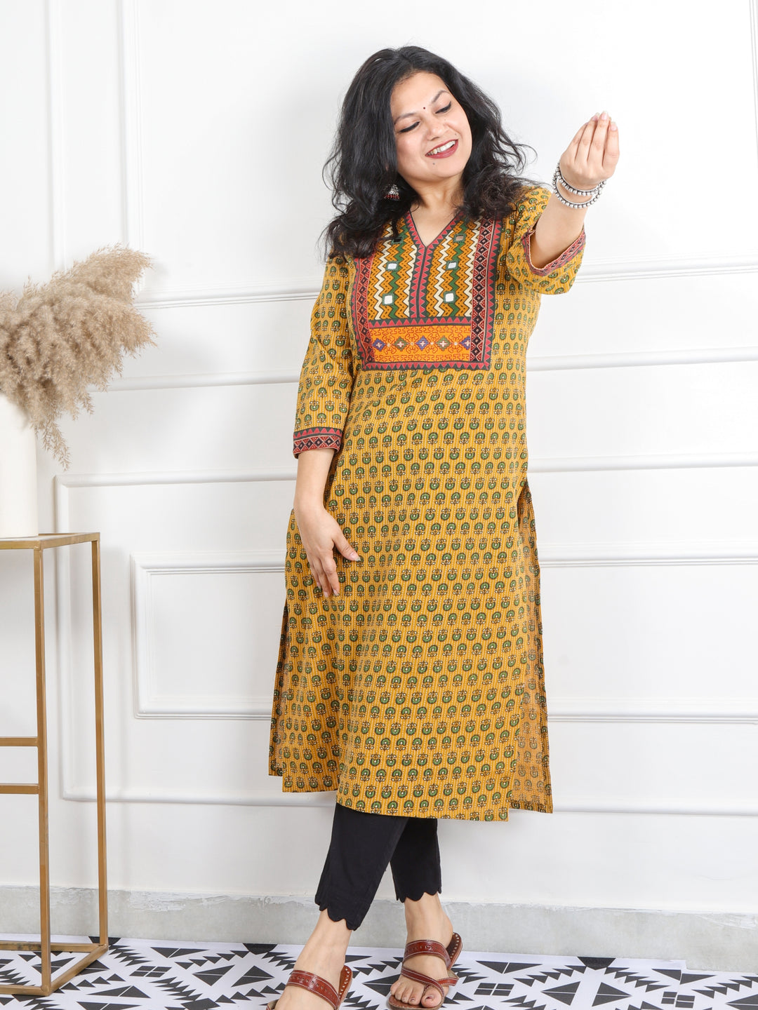 Ruhani Yellow Mirror V Neck Kutch Embroidery Ajrak Print Cotton Kurti-D3