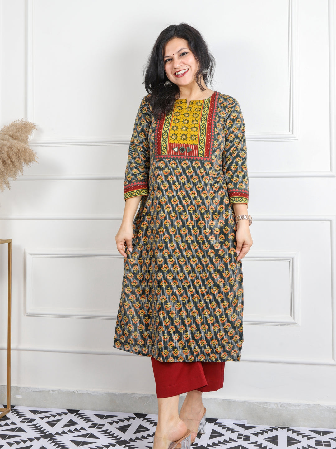 Ghoomer Dark Green Mirror Neck Running Stitch Ajrak Print Cotton Kurti-D9