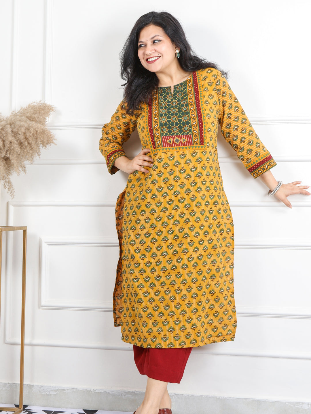 Ghoomar Dandelion Yellow Mirror Neck Running Stitch Ajrak Print Cotton Kurti-D3