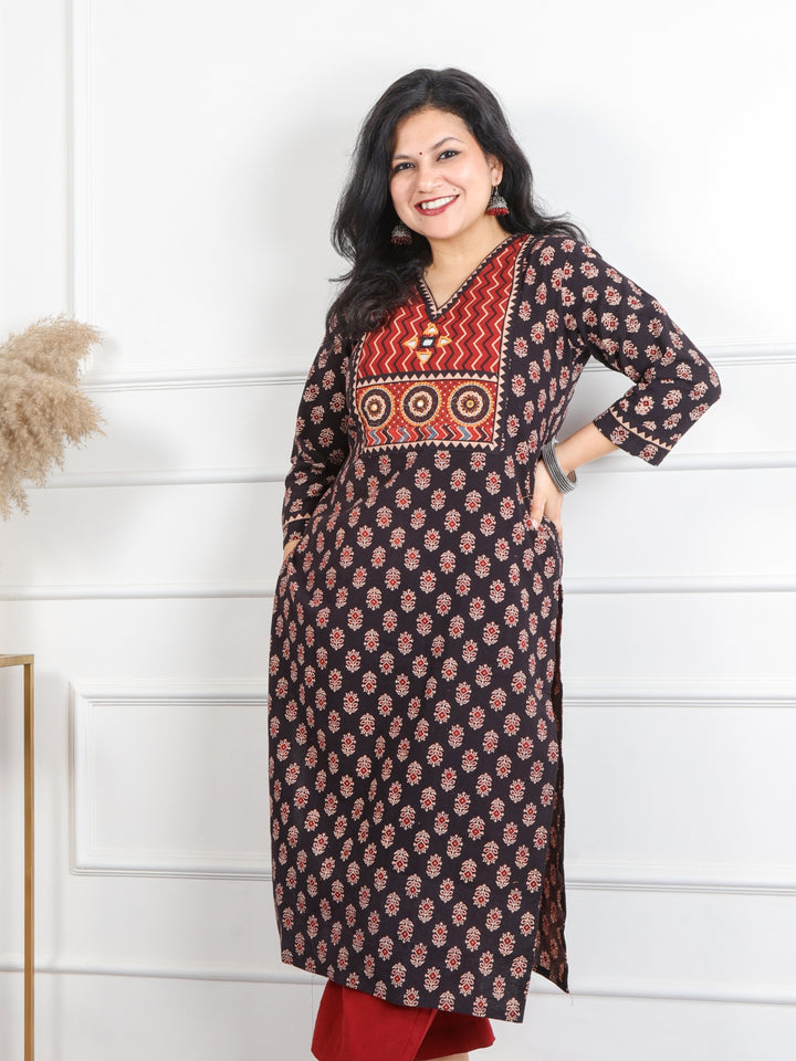 Ghoomer Ebony Black Mirror V Neck Kutch Embroidery Ajrak Print Cotton Kurti-D8