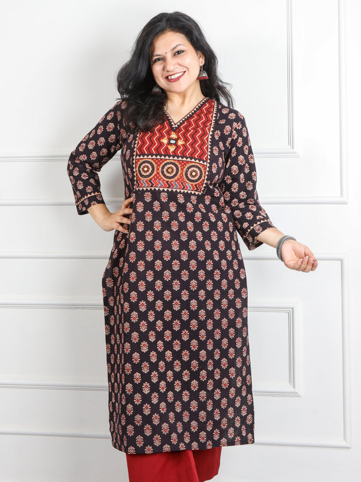 Ghoomer Ebony Black Mirror V Neck Kutch Embroidery Ajrak Print Cotton Kurti-D8