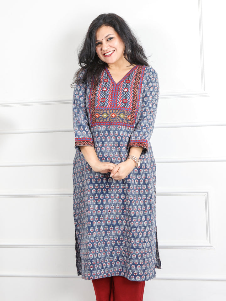 Ruhani Blue Mirror V Neck Kutch Embroidery Ajrak Print Cotton Kurti-D3