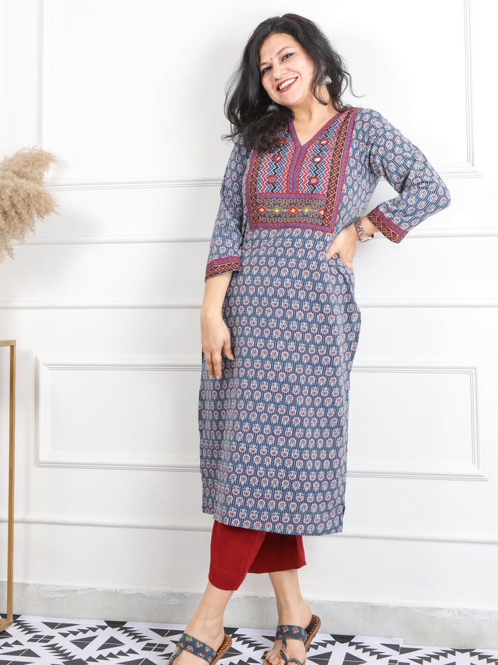 Ruhani Blue Mirror V Neck Kutch Embroidery Ajrak Print Cotton Kurti-D3