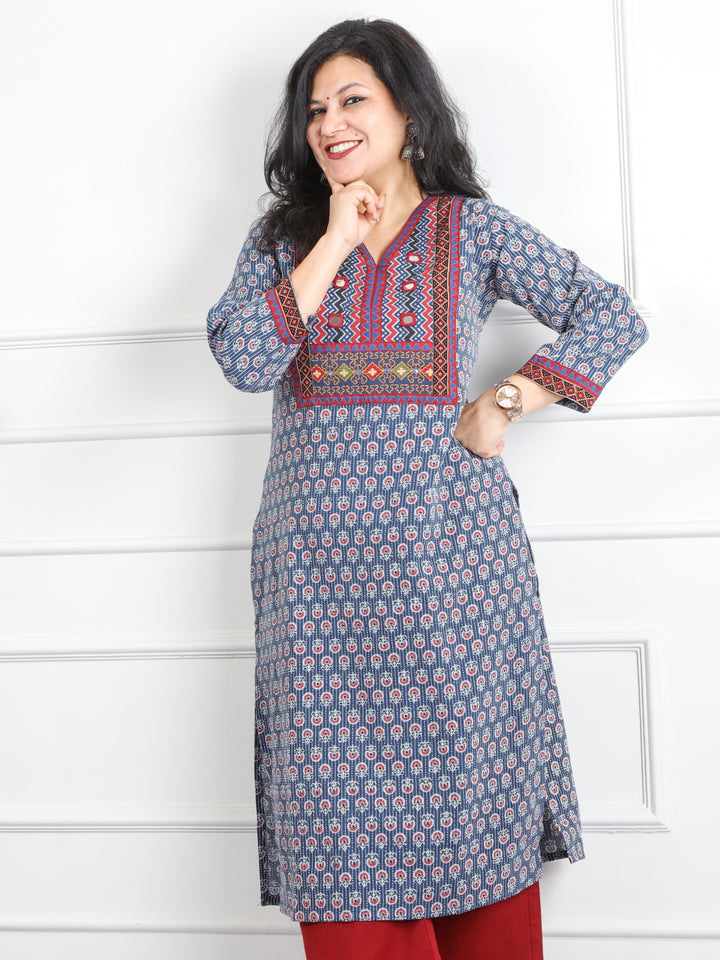 Ruhani Blue Mirror V Neck Kutch Embroidery Ajrak Print Cotton Kurti-D3