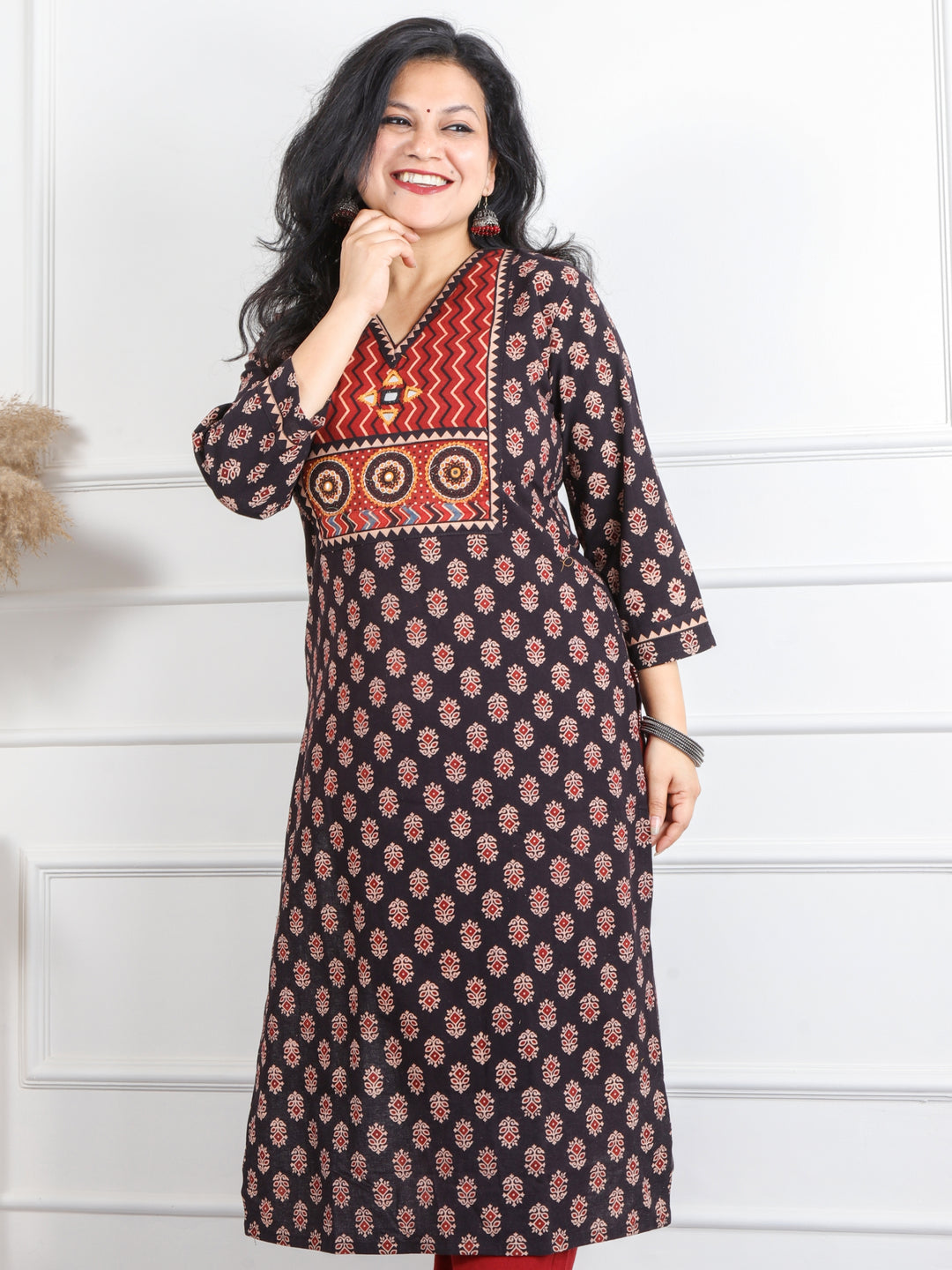 Ghoomer Ebony Black Mirror V Neck Kutch Embroidery Ajrak Print Cotton Kurti-D8