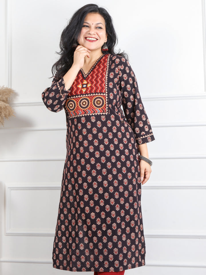 Ghoomer Ebony Black Mirror V Neck Kutch Embroidery Ajrak Print Cotton Kurti-D8