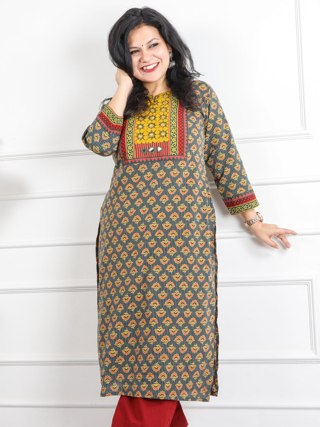 Ghoomer Dark Green Mirror Neck Running Stitch Ajrak Print Cotton Kurti-D9