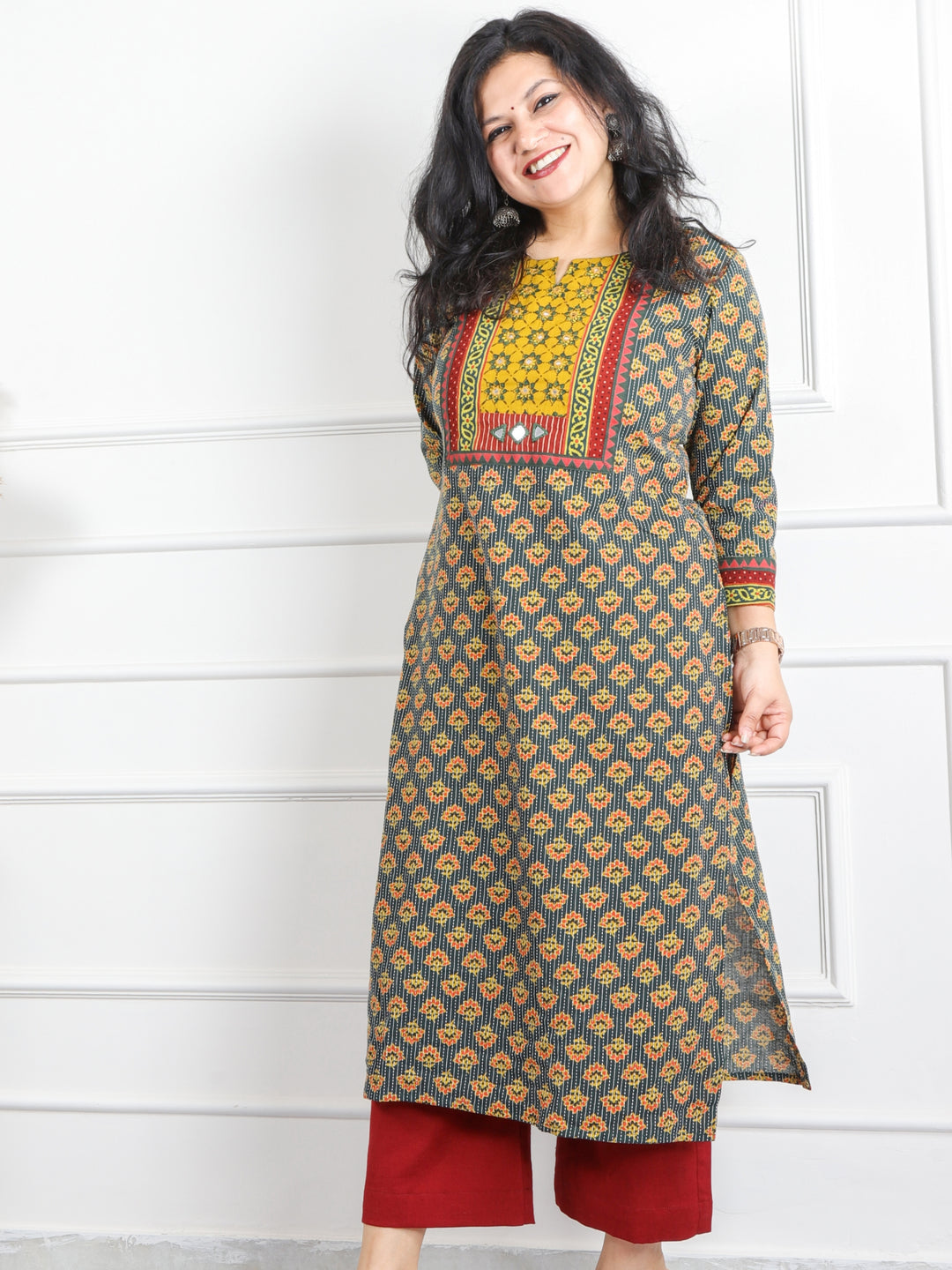 Ghoomer Dark Green Mirror Neck Running Stitch Ajrak Print Cotton Kurti-D9