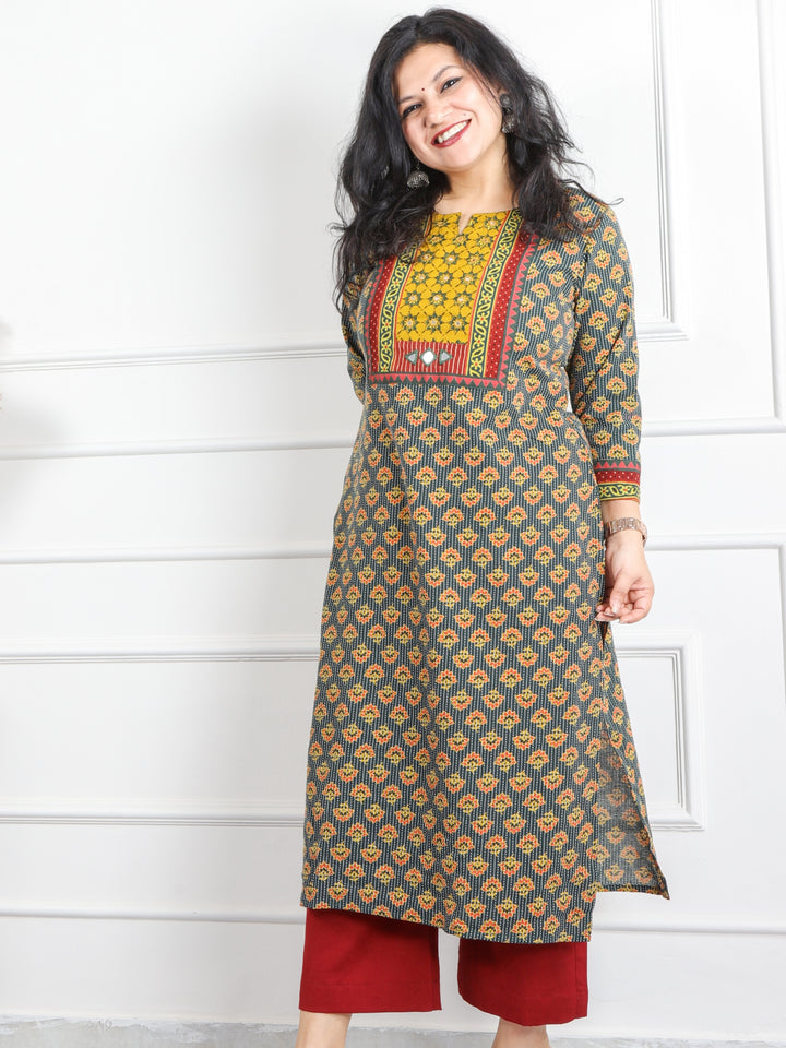 Ghoomer Dark Green Mirror Neck Running Stitch Ajrak Print Cotton Kurti-D9