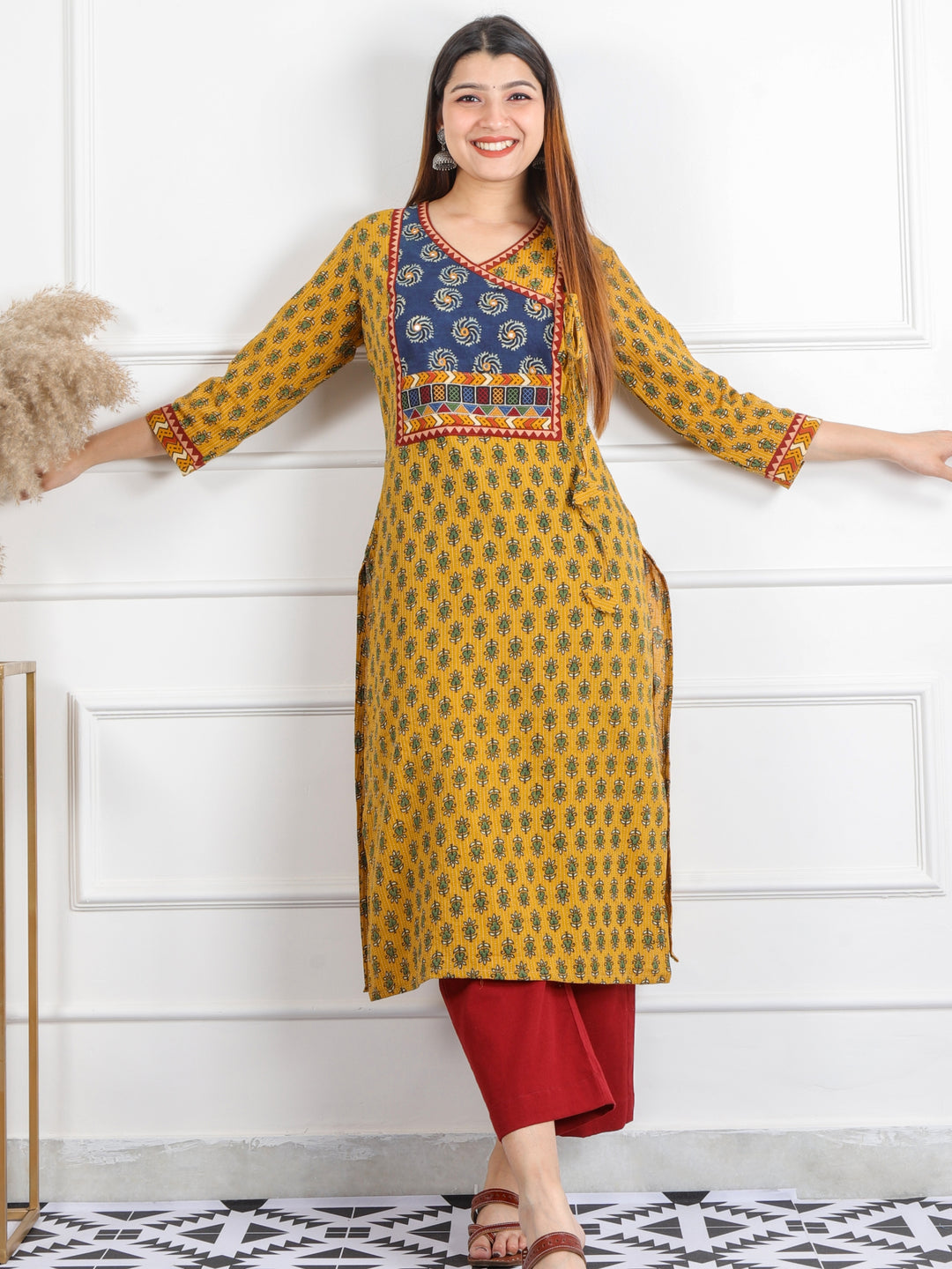 Ghoomer Bright Yellow Angrakha Style Neck Work Print Cotton Kurti-D4