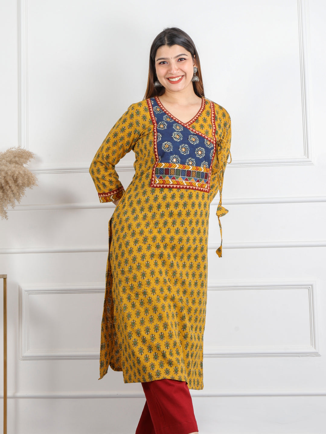 Ghoomer Bright Yellow Angrakha Style Neck Work Print Cotton Kurti-D4