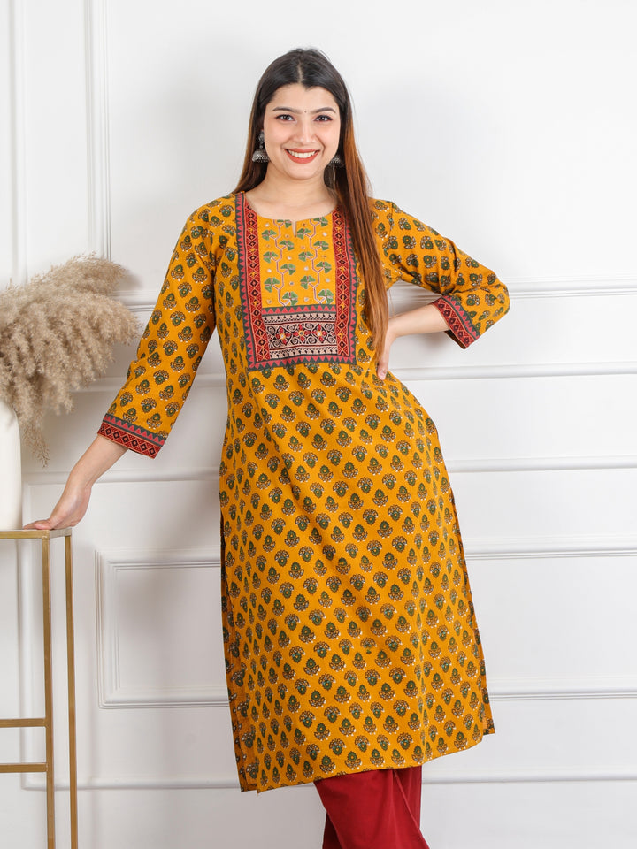 Ghoomar Dandelion Yellow Mirror Neck Running Stitch Ajrak Print Cotton Kurti-D7