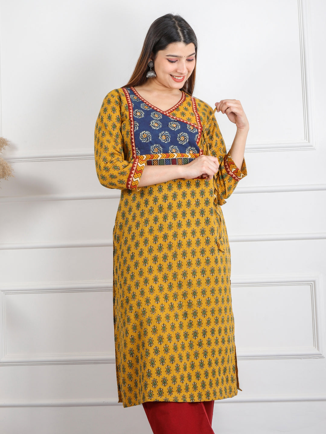 Ghoomer Bright Yellow Angrakha Style Neck Work Print Cotton Kurti-D4