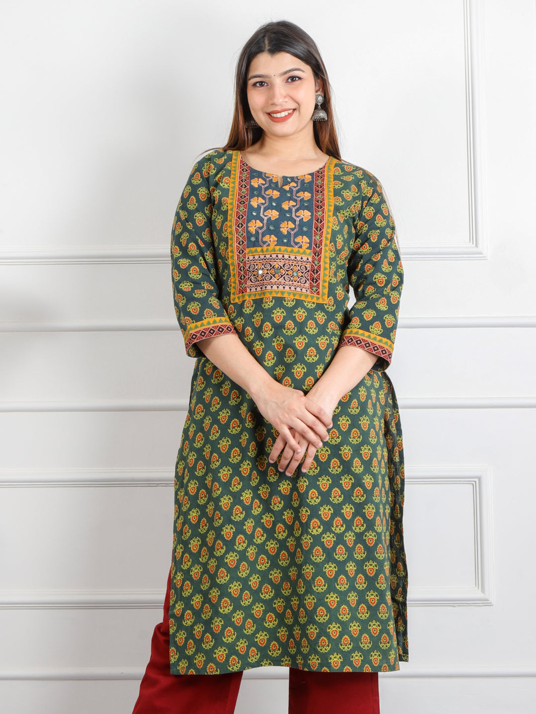 Ghoomer Dark Green Mirror Neck Running Stitch Ajrak Print Cotton Kurti-D10