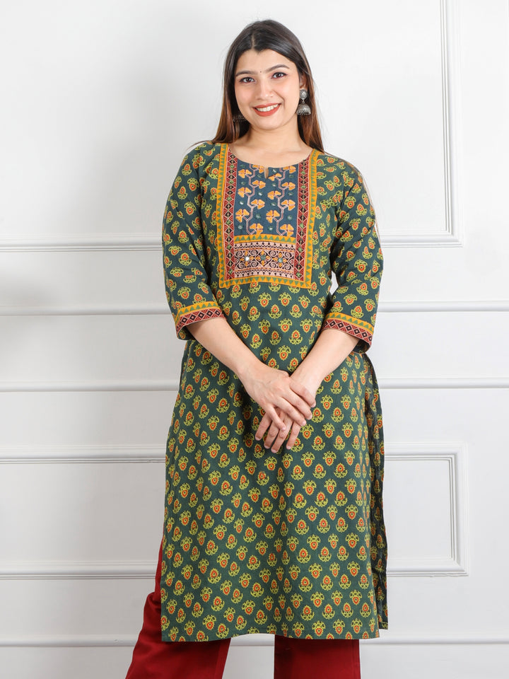 Ghoomer Dark Green Mirror Neck Running Stitch Ajrak Print Cotton Kurti-D10