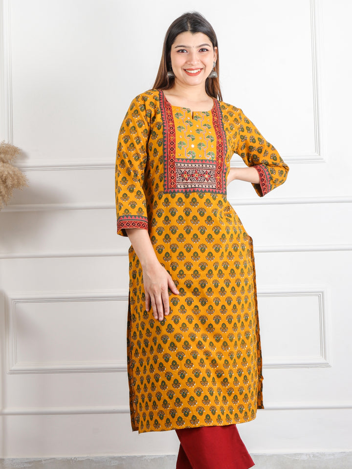 Ghoomar Dandelion Yellow Mirror Neck Running Stitch Ajrak Print Cotton Kurti-D7