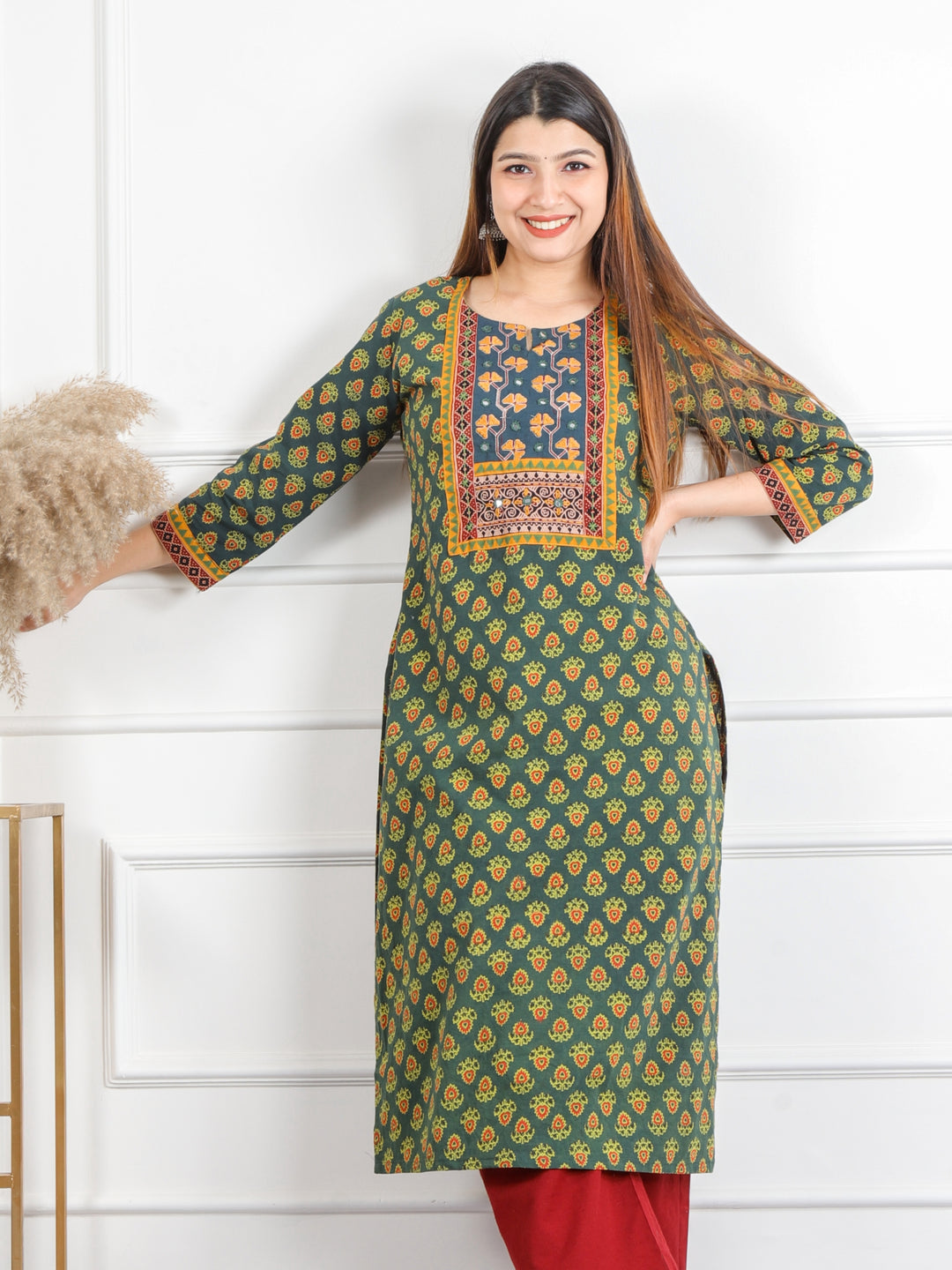 Ghoomer Dark Green Mirror Neck Running Stitch Ajrak Print Cotton Kurti-D10
