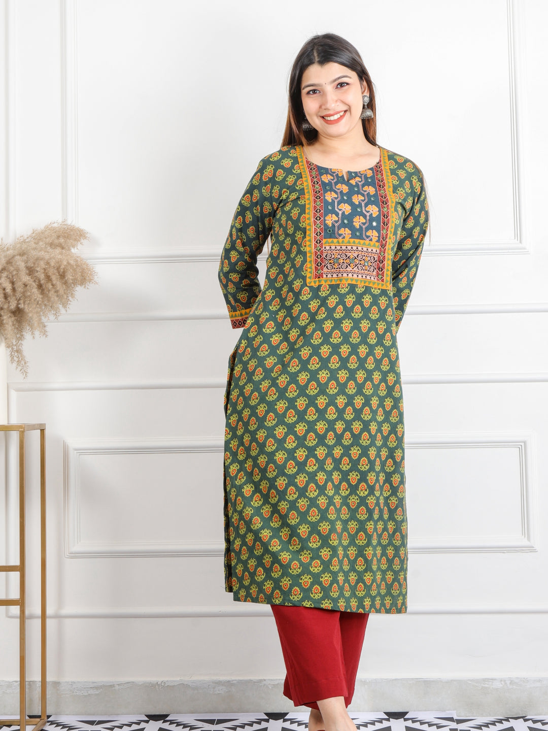 Ghoomer Dark Green Mirror Neck Running Stitch Ajrak Print Cotton Kurti-D10