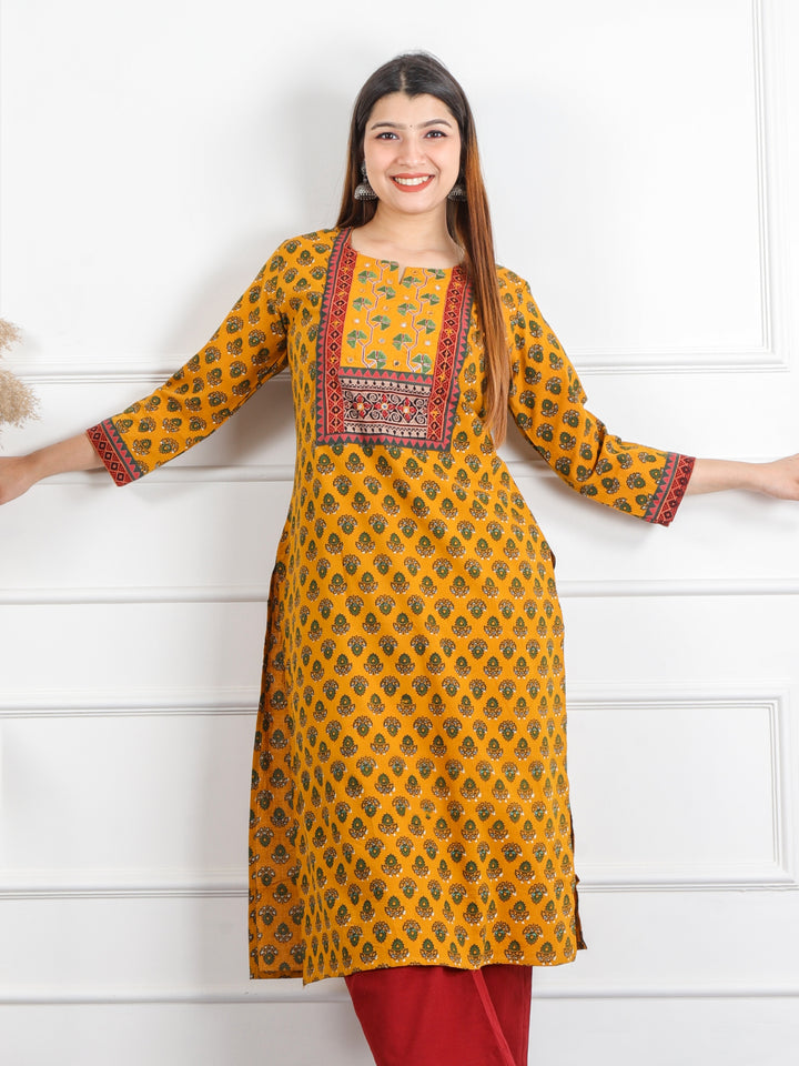 Ghoomar Dandelion Yellow Mirror Neck Running Stitch Ajrak Print Cotton Kurti-D7