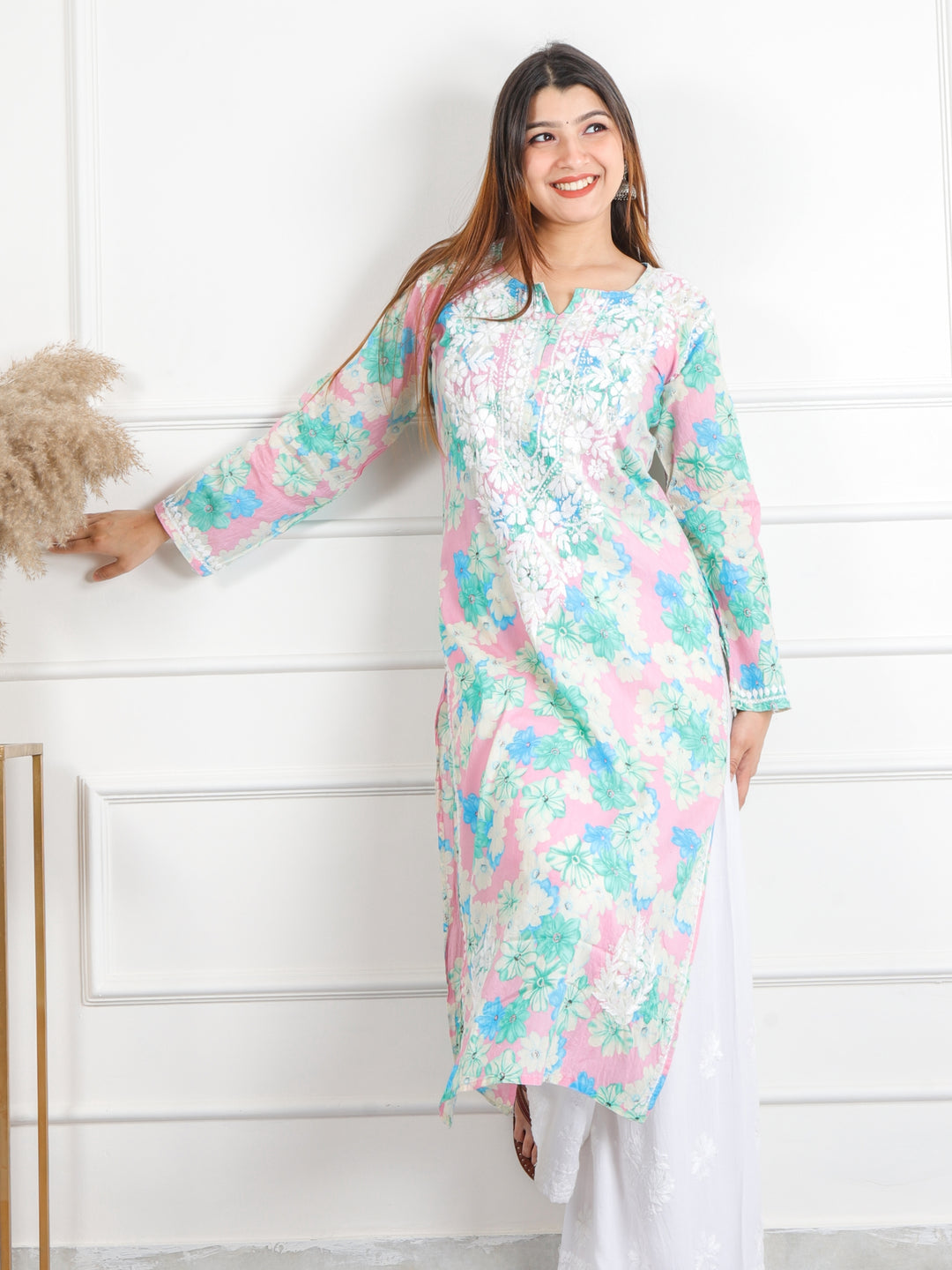 Shalini Baby Pink Floral Printed Chikankari Cotton Kurti