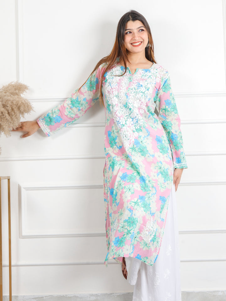 Shalini Baby Pink Floral Printed Chikankari Cotton Kurti