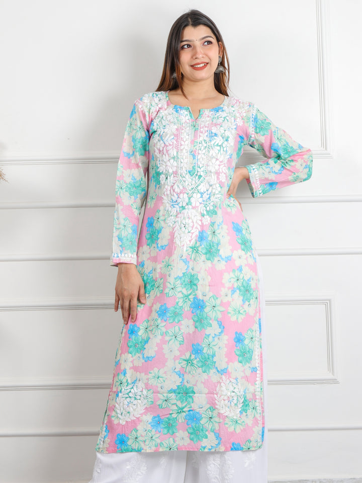 Shalini Baby Pink Floral Printed Chikankari Cotton Kurti
